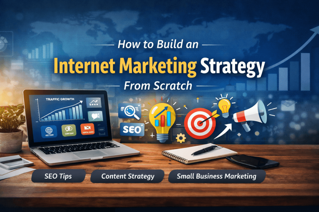 Internet marketing strategy illustration showing SEO, content strategy, and traffic growth