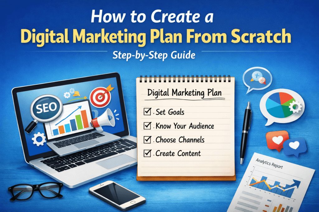 Visual guide explaining how to create a digital marketing plan for beginners